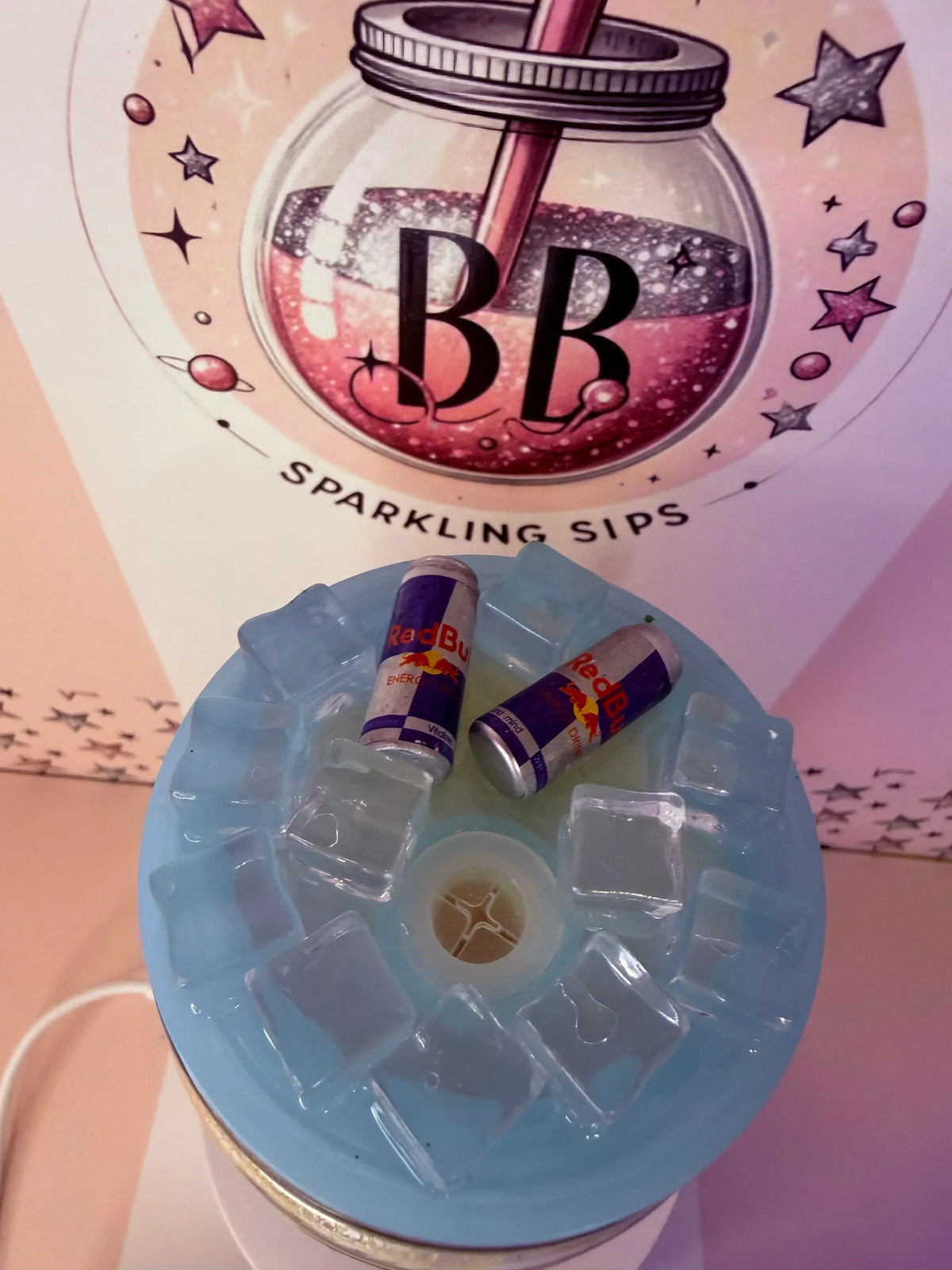 Custom glitter tumbler with ice cubes and Red Bull cans, handmade by BB Sparkling Sips UK