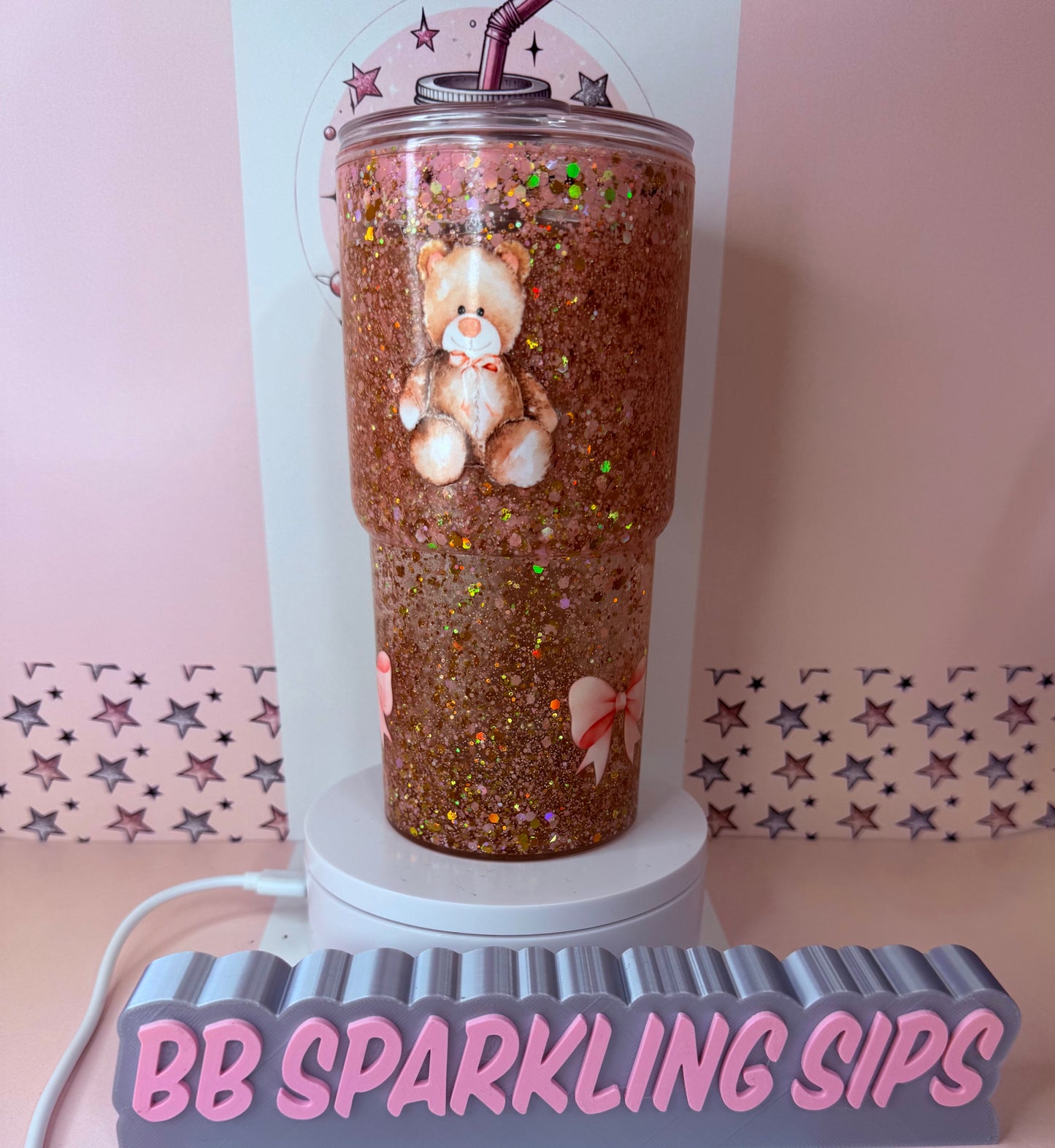 Teddies & Bows 18oz acrylic glitter snowglobe tumbler