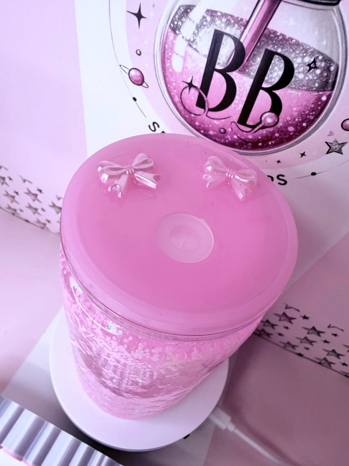 Pink glitter tumbler with bow lid, handmade custom cup design