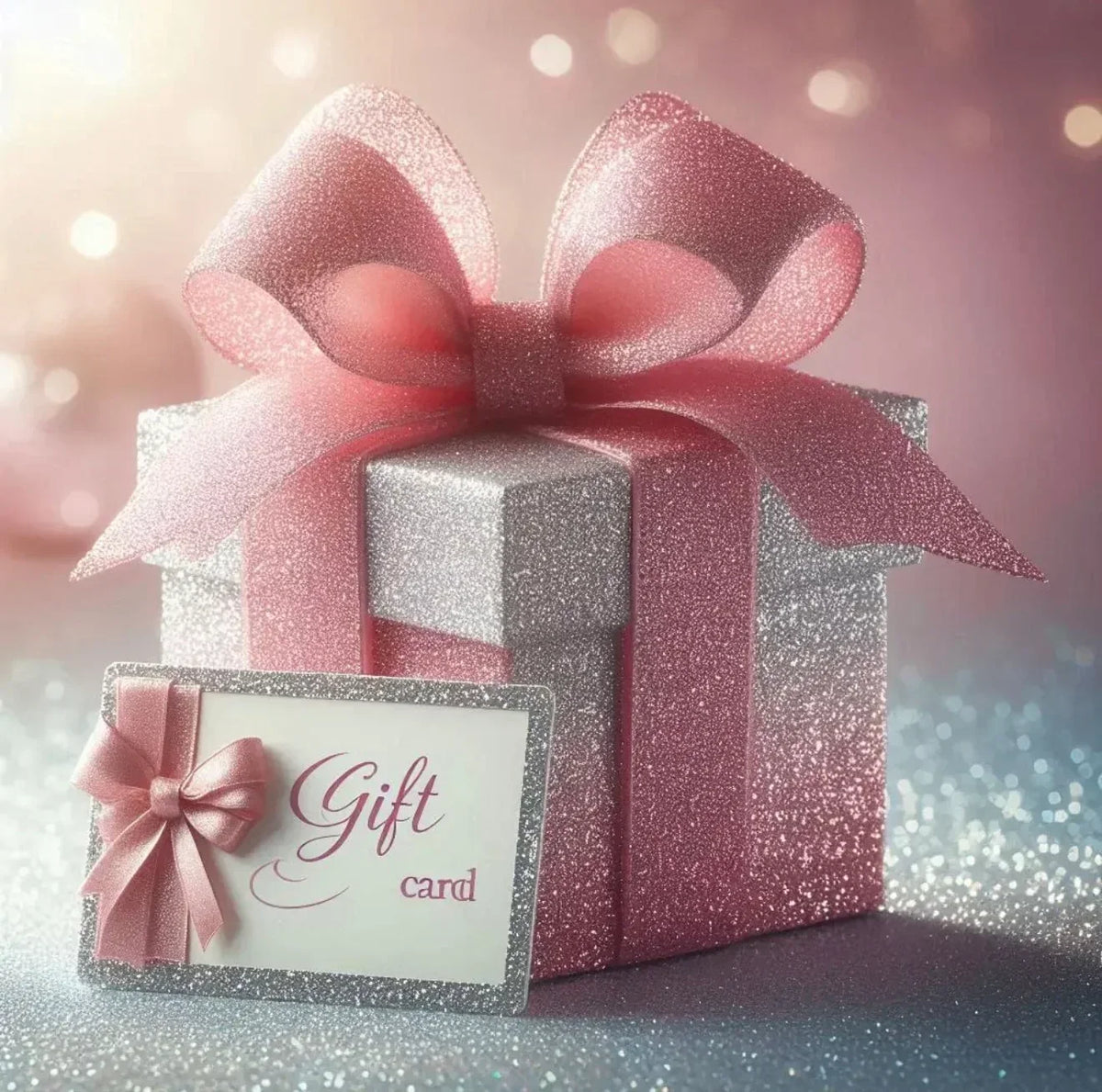 Glitter gift box with pink bow and gift card, perfect for custom cup lovers