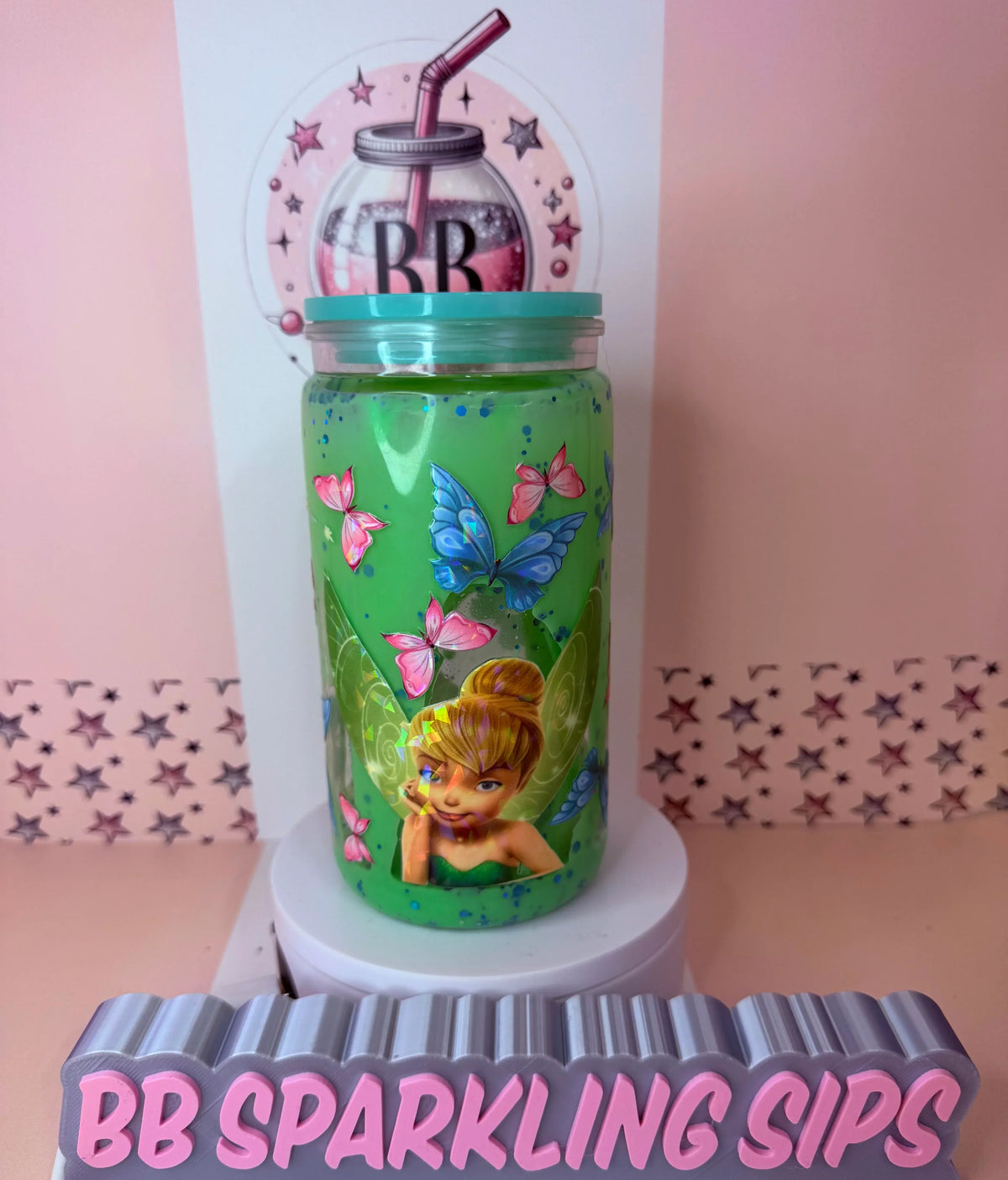 Green glitter tumbler with Tinkerbell and butterflies, handmade custom cup design