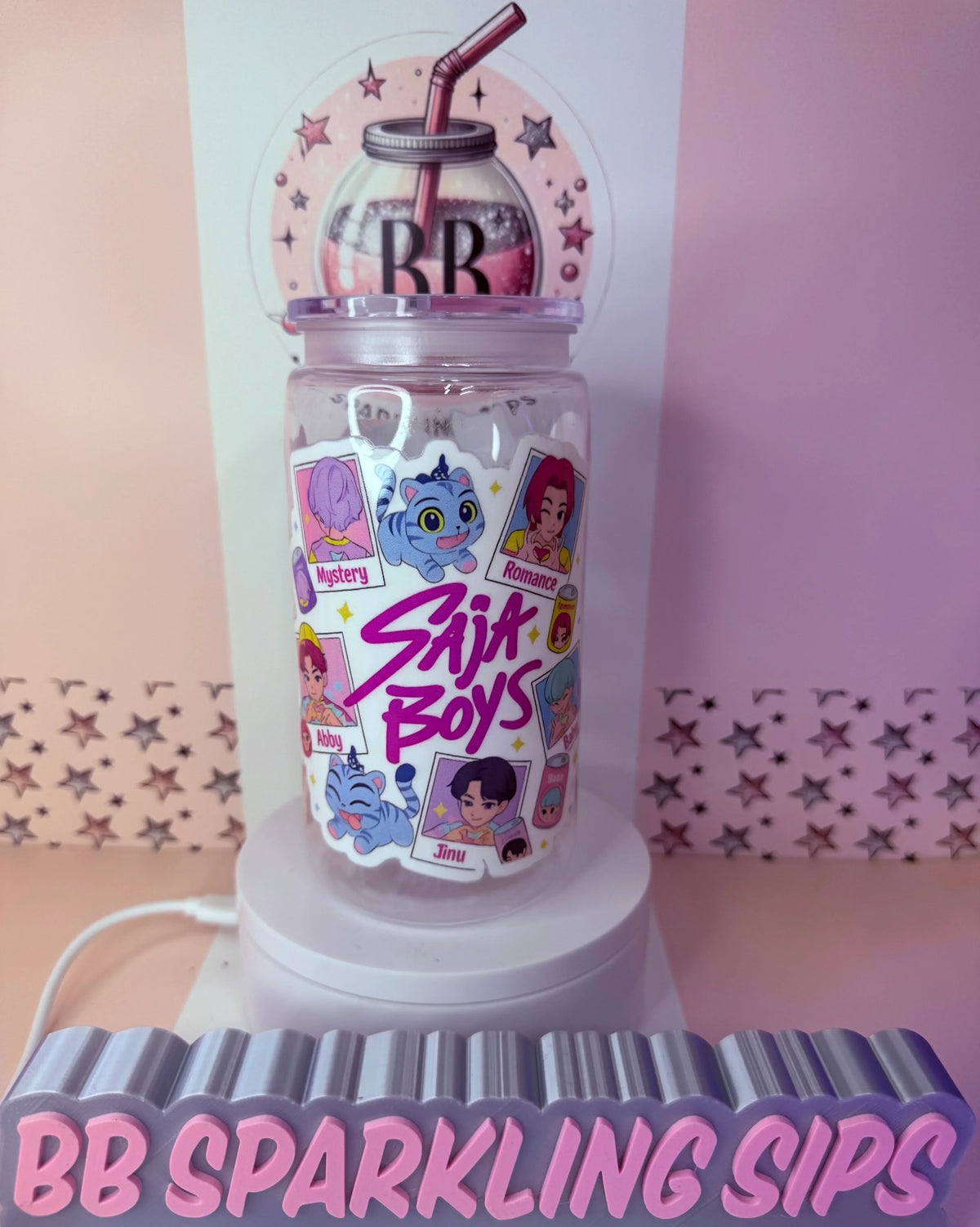 Personalized Saja Boys glitter tumbler with cute cat and character designs, handmade in UK