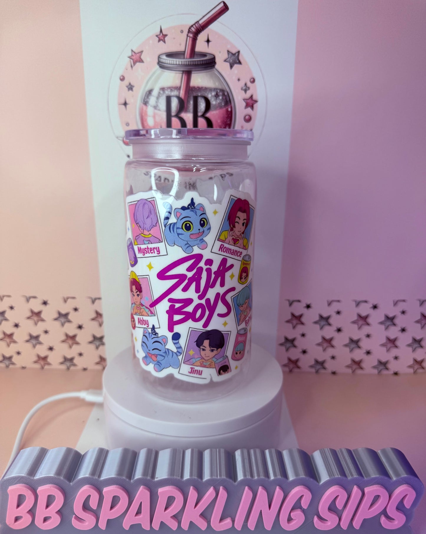 K-pop Demon Hunters Saja Boys 16oz acrylic clear can