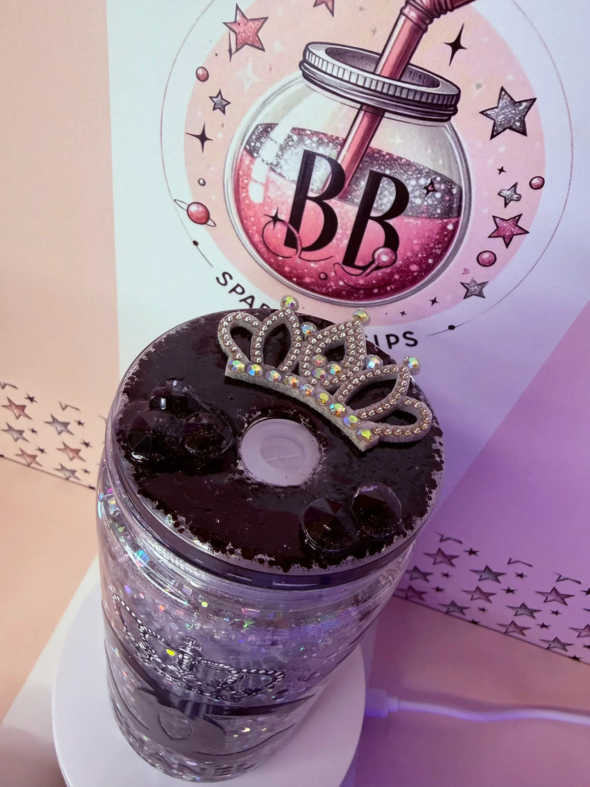 Custom glitter tumbler with rhinestone crown lid, handmade personalized cup with sparkle design