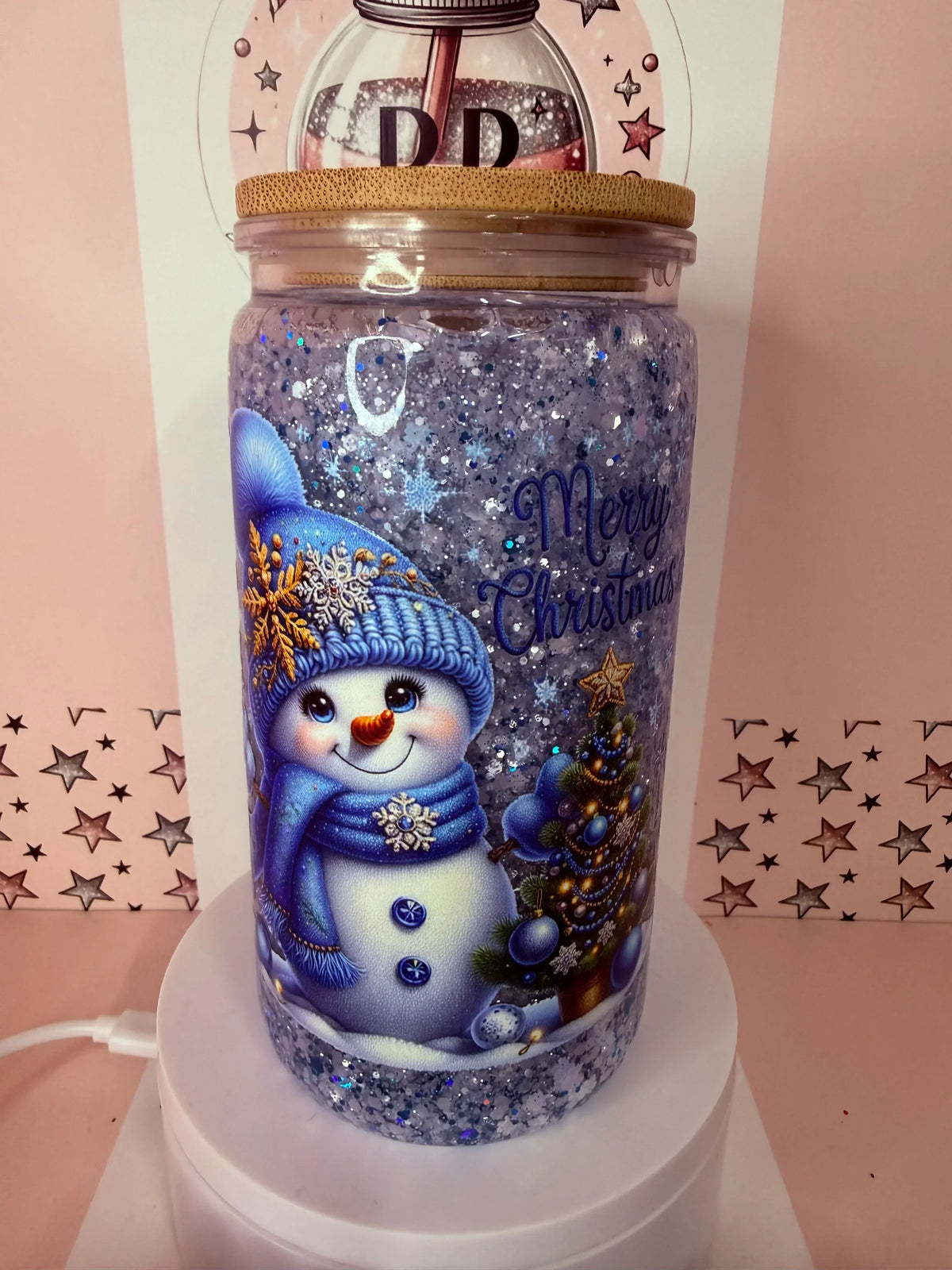 16oz acrylic glitter snowglobe cup with merry Christmas snowman design. Cold cup. Reusable