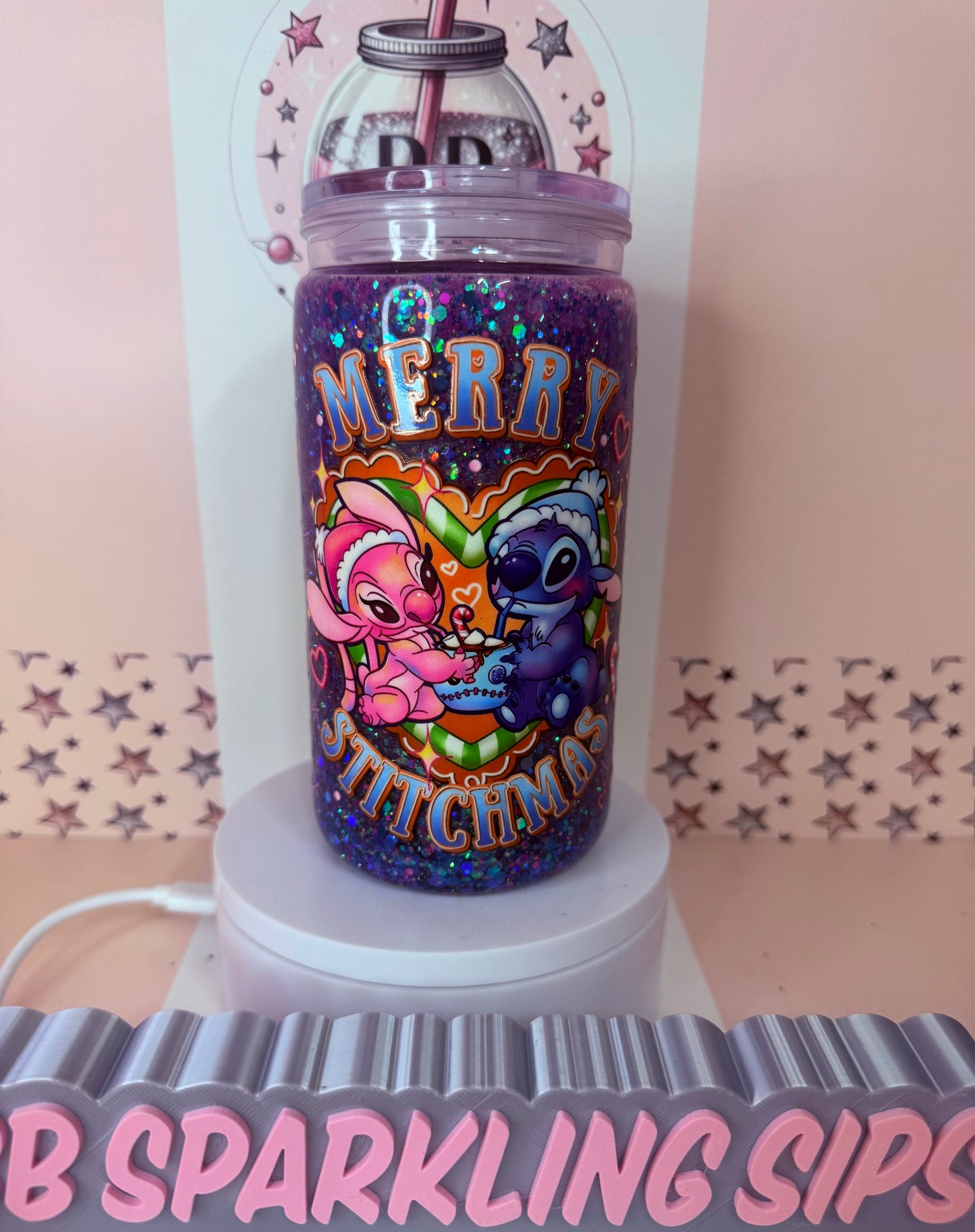 Merry Stitchmas 16oz acrylic snowglobe glitter cup