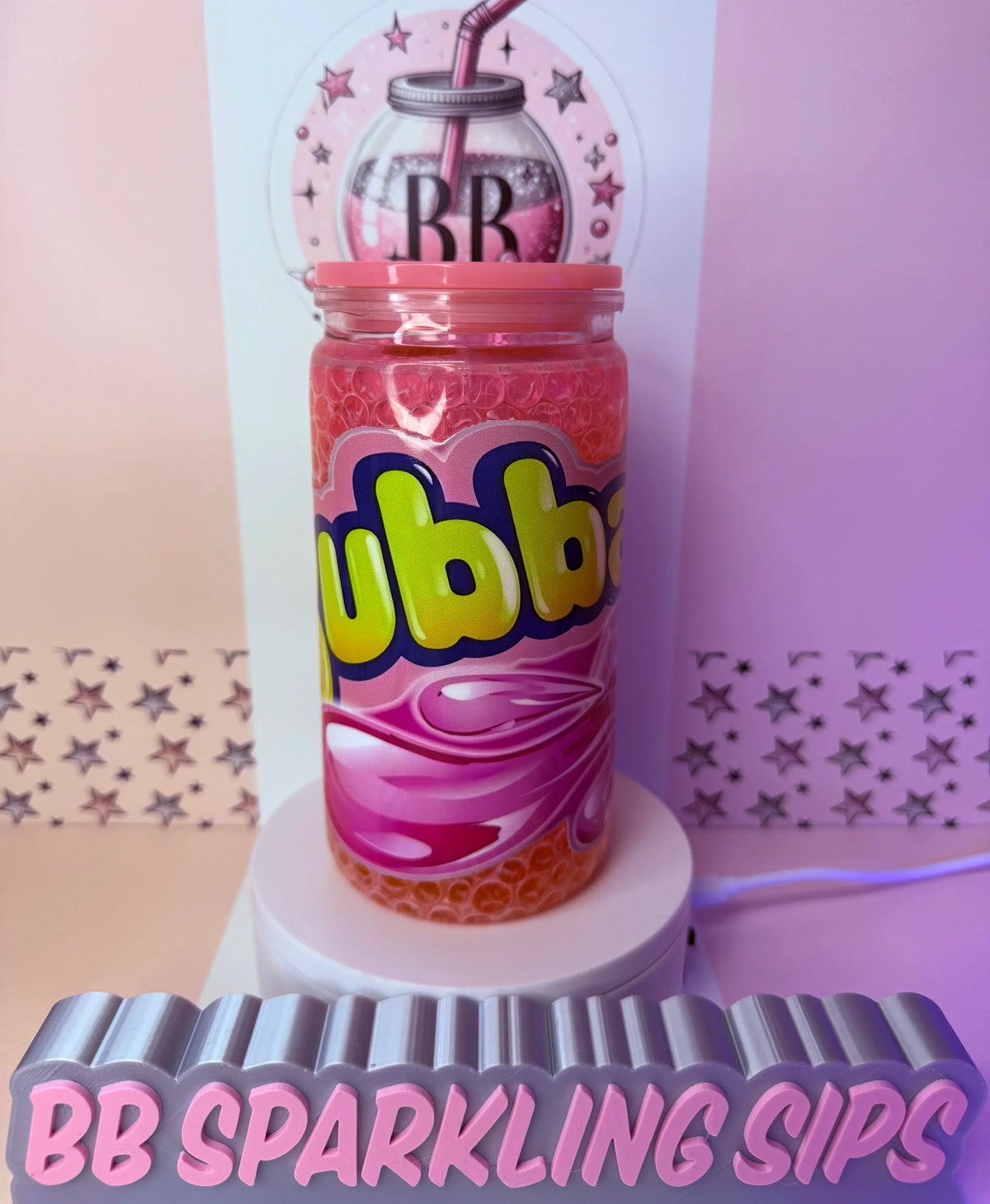 Pink glitter tumbler with 'Bubba' design, handmade custom cup by BB Sparkling Sips