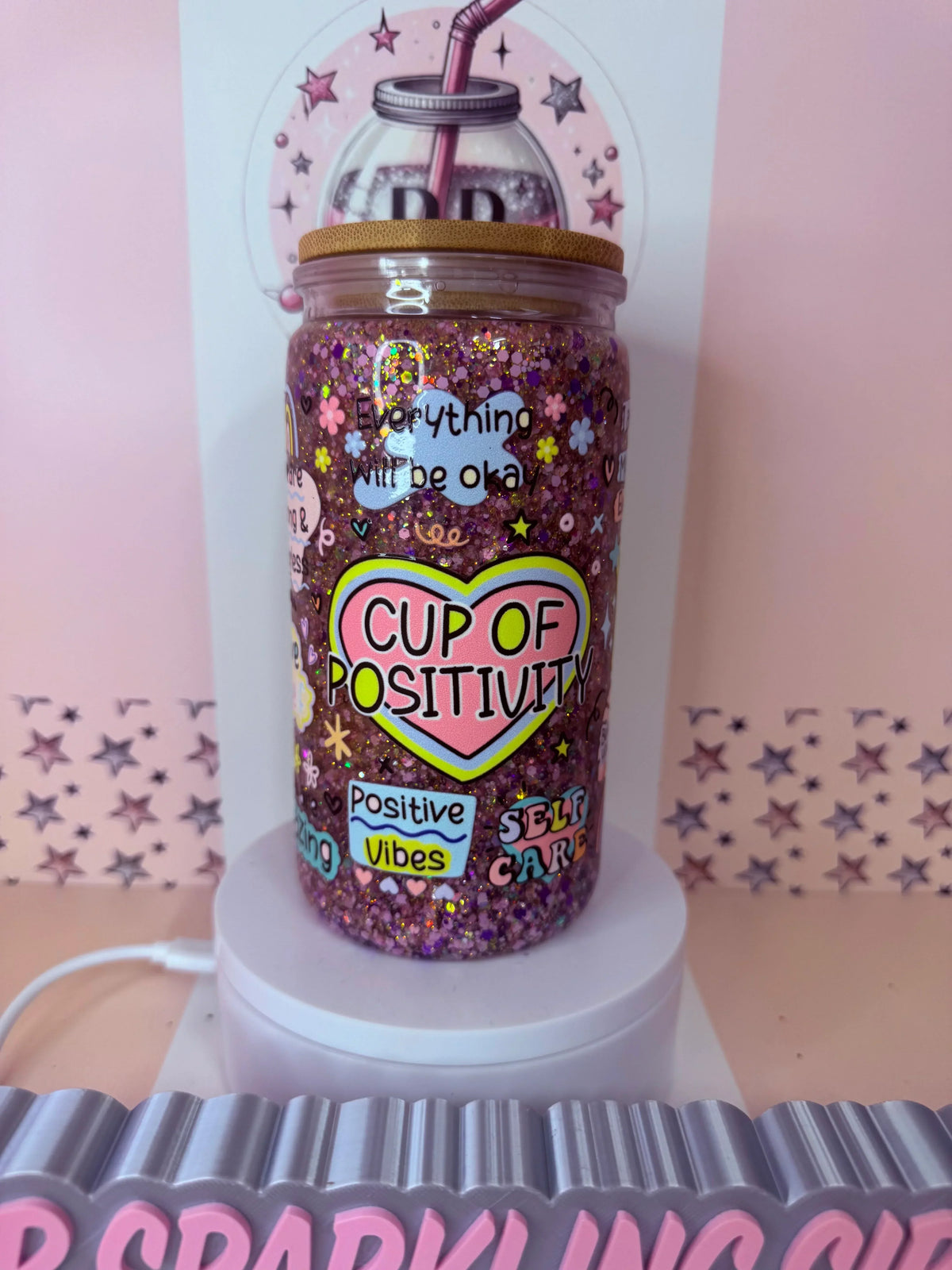 16oz acrylic glitter snowglobe cup with cup of positivity and affirmations design. Cold cup . Reusable
