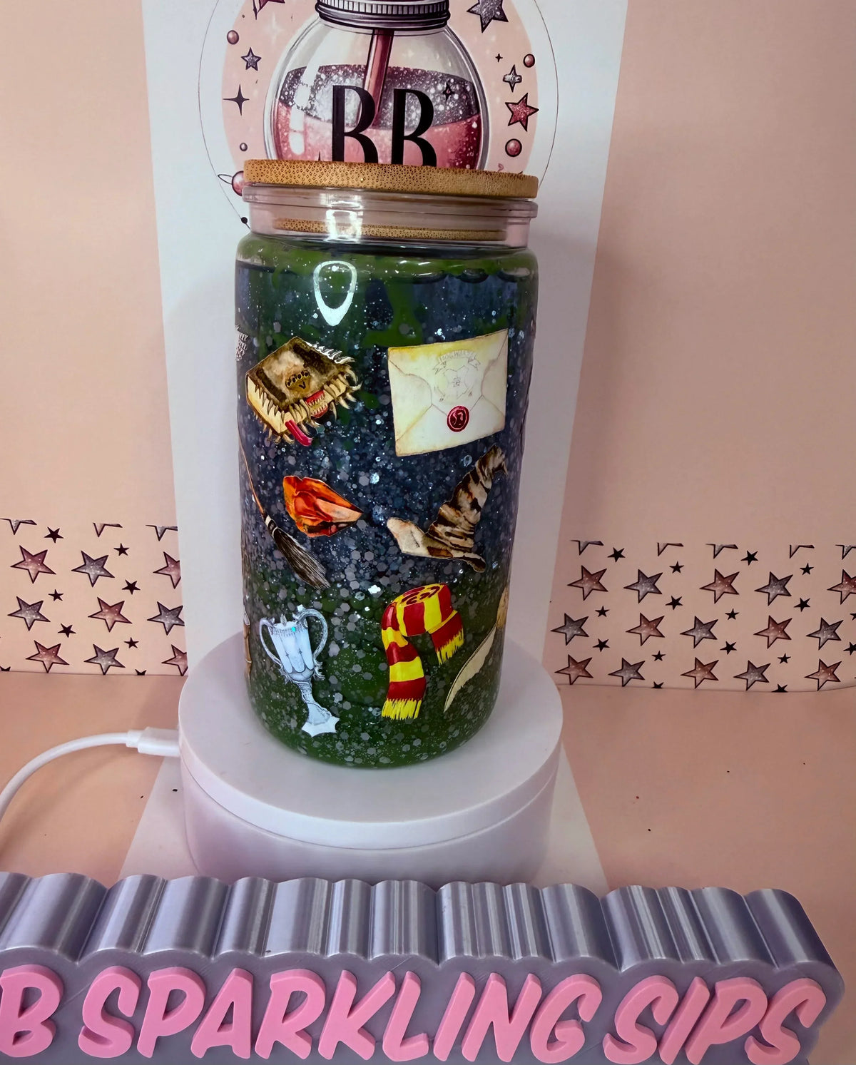Harry Potter themed glitter tumbler with magical elements, personalized with initials, handmade in UK