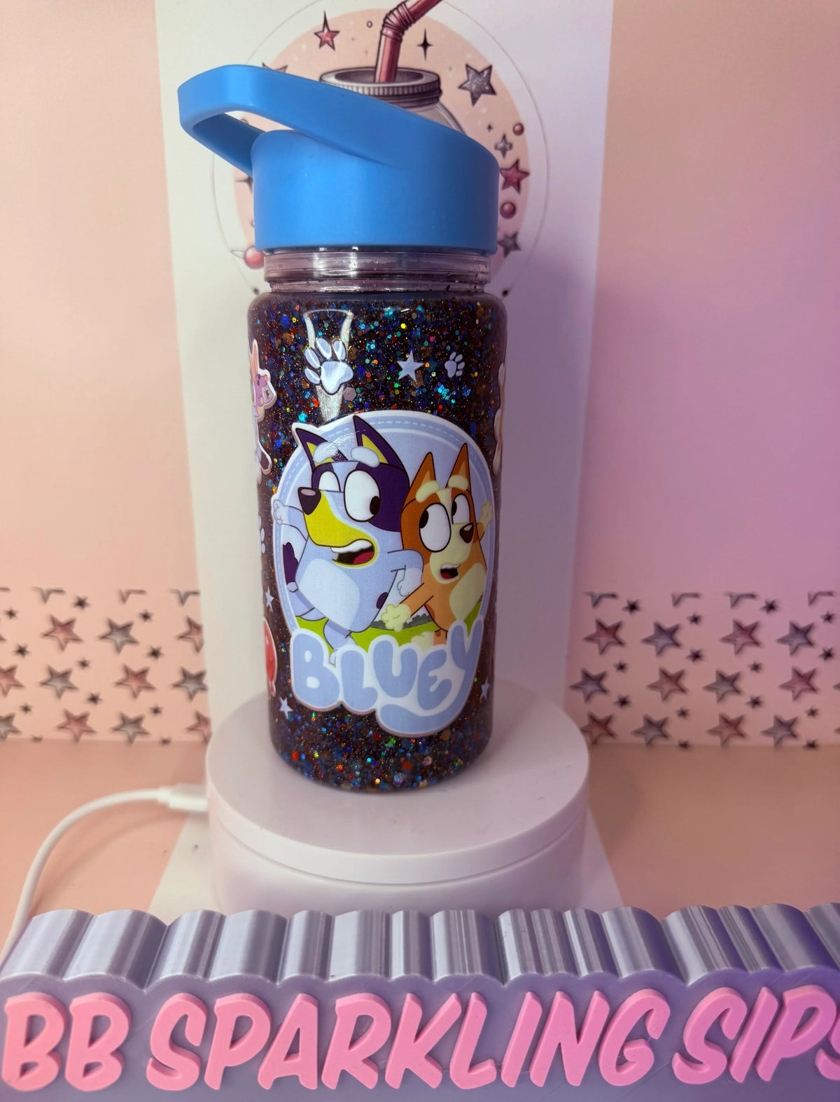 10oz acrylic glitter children’s bottle cup with Bluey & Bingo design. Cold cup. Reusable