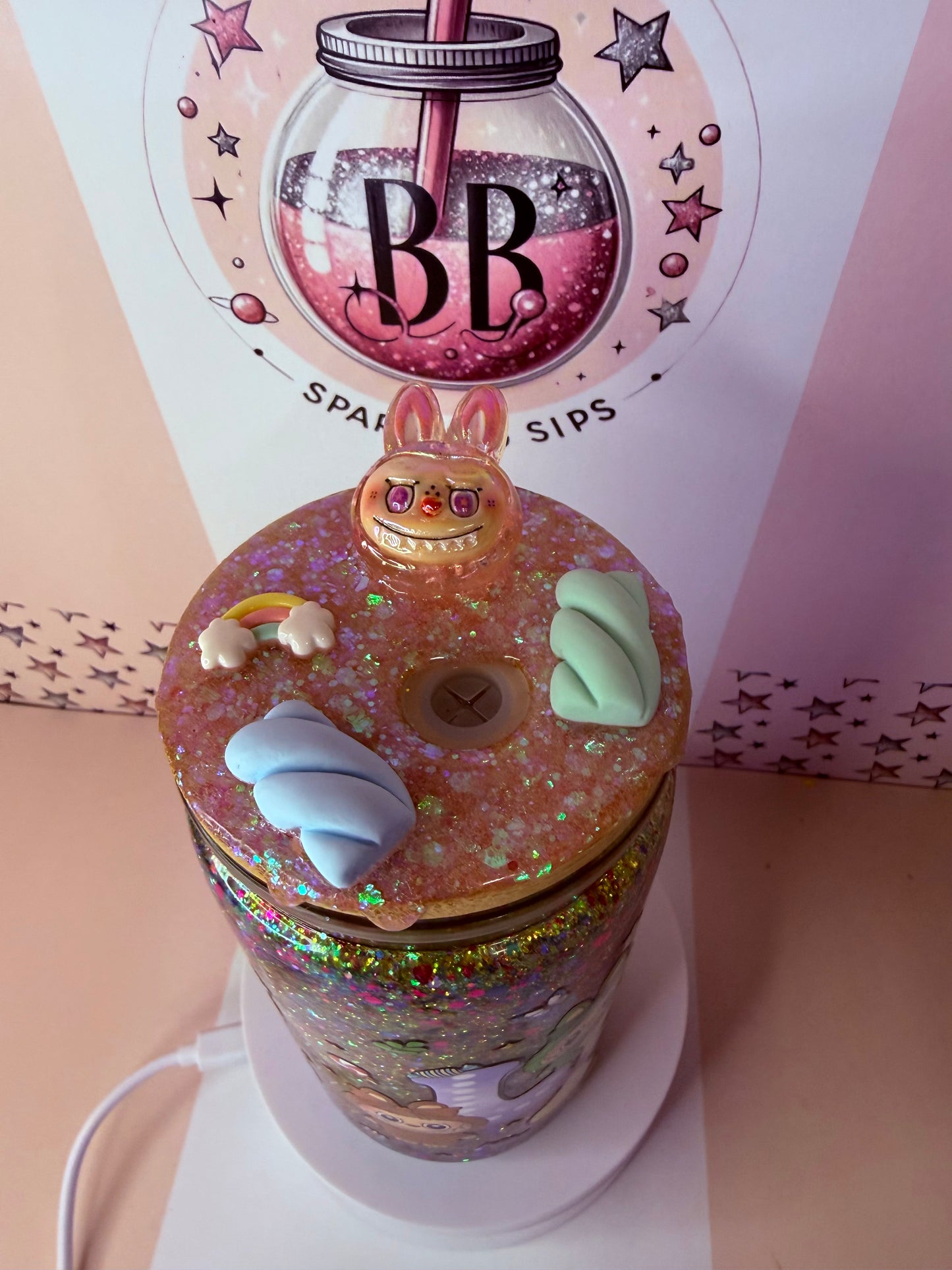 Labubu 16oz acrylic drip lip glitter snowglobe cup
