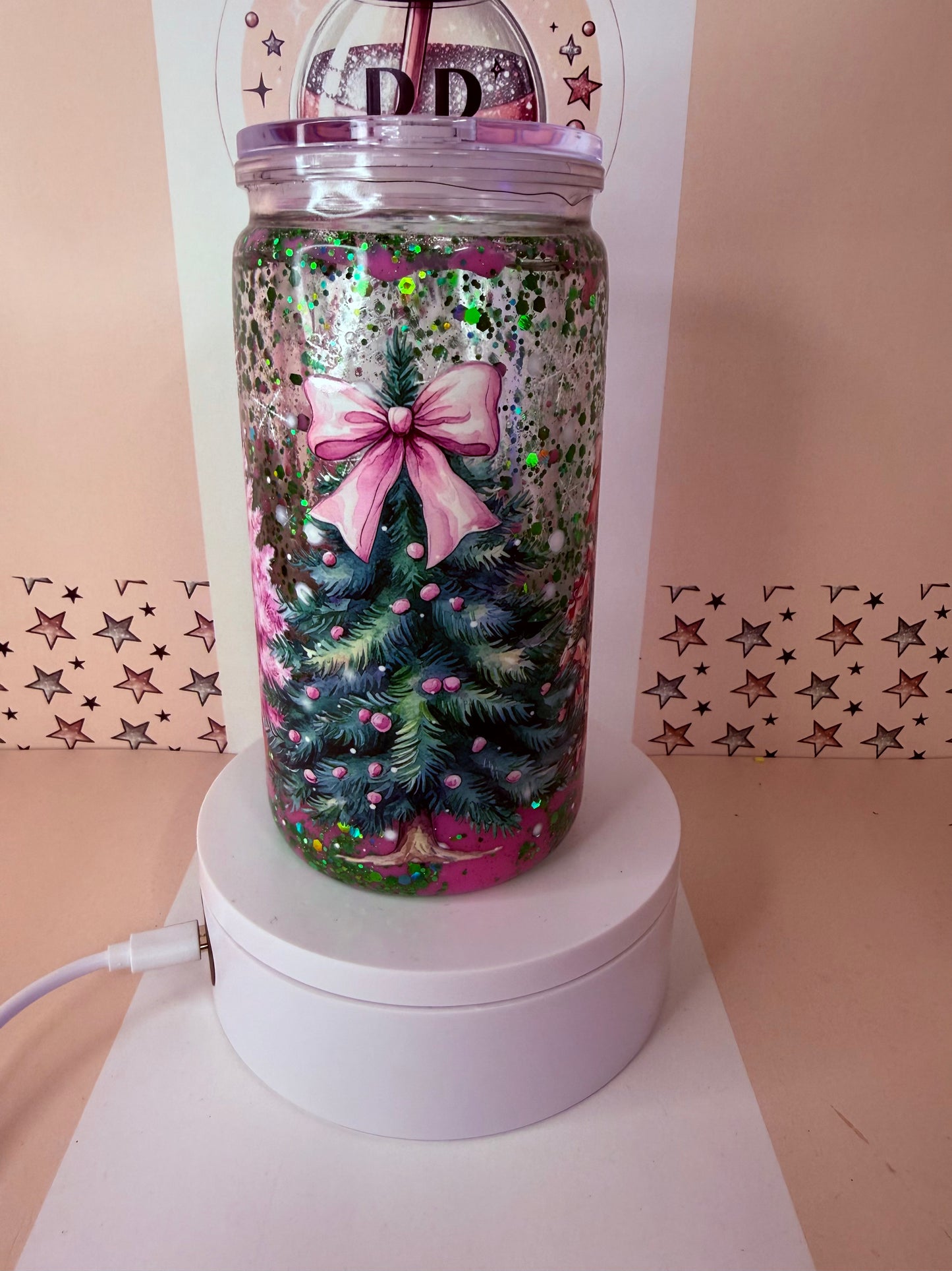 Christmas tree 16oz acrylic pink lava drip snowglobe cup