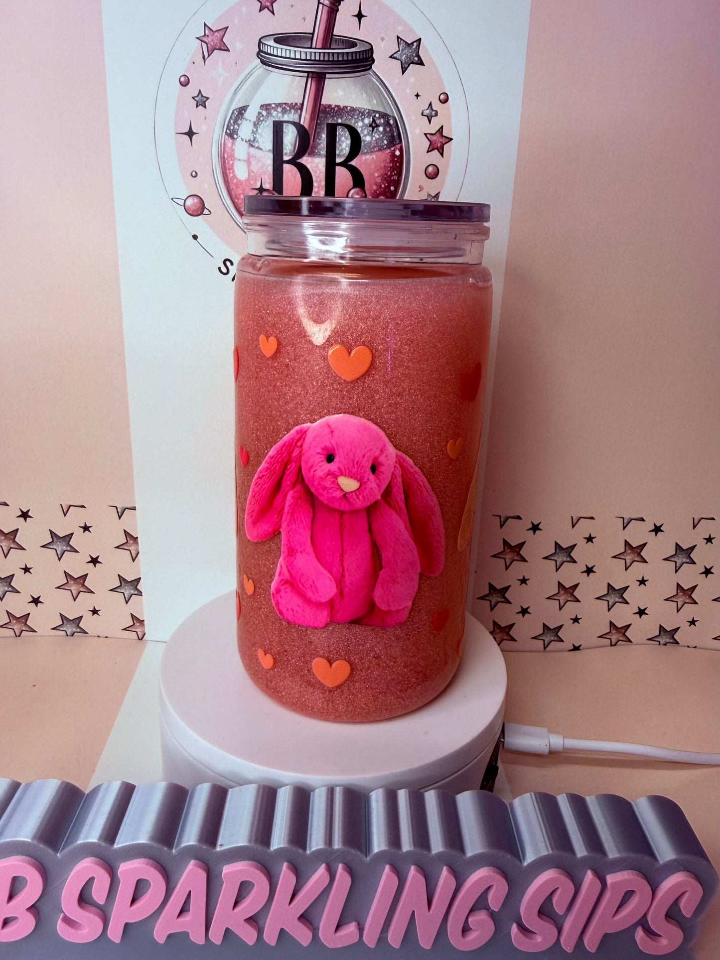 Jellycat pink Bashful Bunny pearly swirl 16oz acrylic snowglobe cup