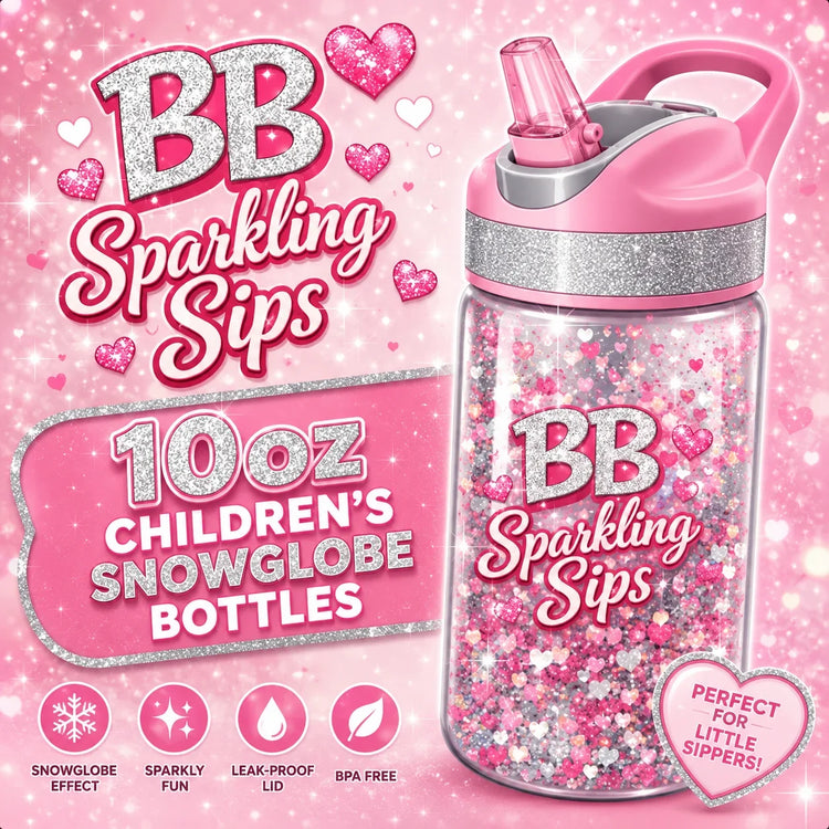 Pink 10oz children's snowglobe bottle with glitter hearts, sparkly fun design, leak-proof lid, BPA free