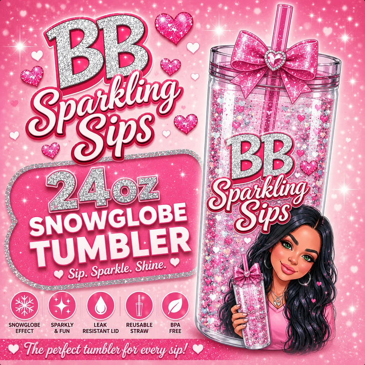 24oz pink glitter snowglobe tumbler with bow, reusable straw, and sparkle effect for sipping in style