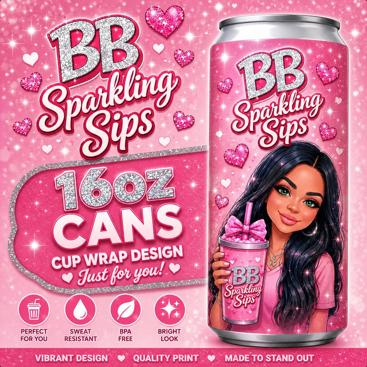 BB Sparkling Sips 16oz can with glittery pink design and girl holding custom cup