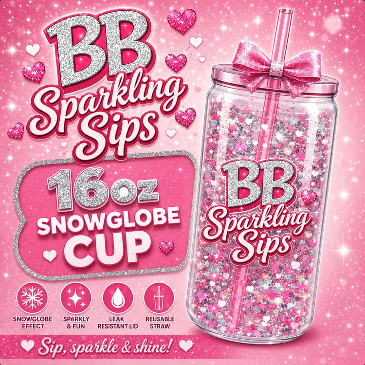 16oz pink glitter snowglobe cup with heart confetti, sparkly bow lid, and reusable straw for sparkling sips
