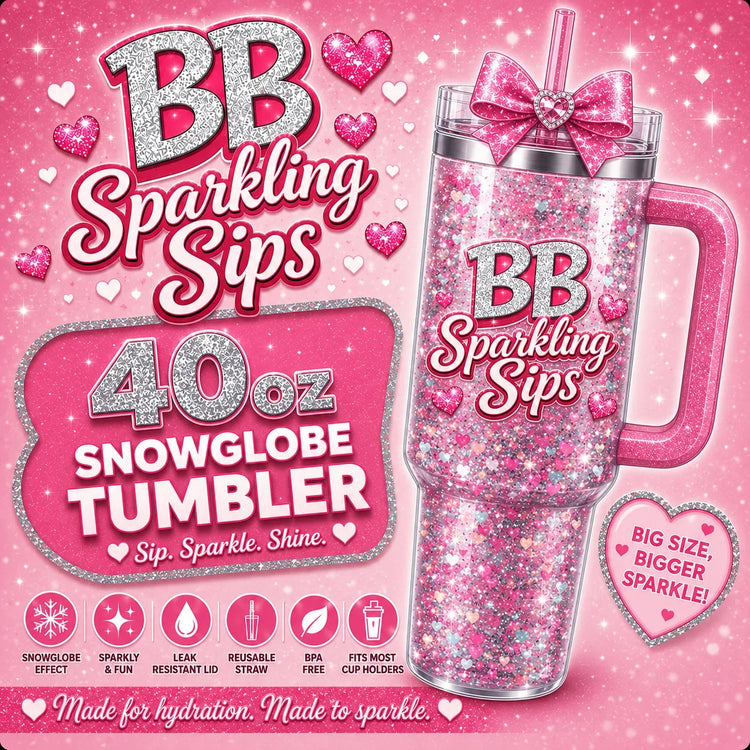 40oz pink glitter snowglobe tumbler with heart confetti, bow lid, and reusable straw – Sparkle & Shine
