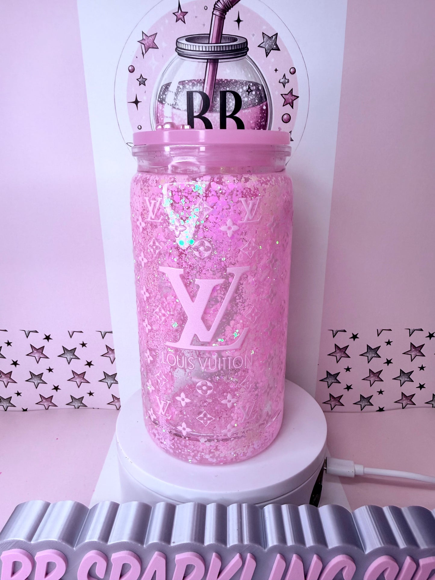 Pink LV Waterfall 16oz acrylic snowglobe cup