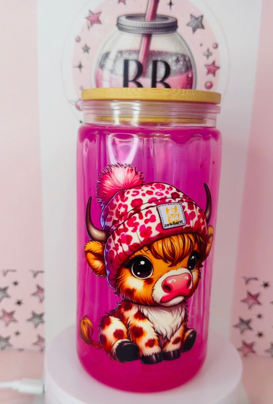 16oz bamboo lid acrylic Highland Cow Pink drip cup