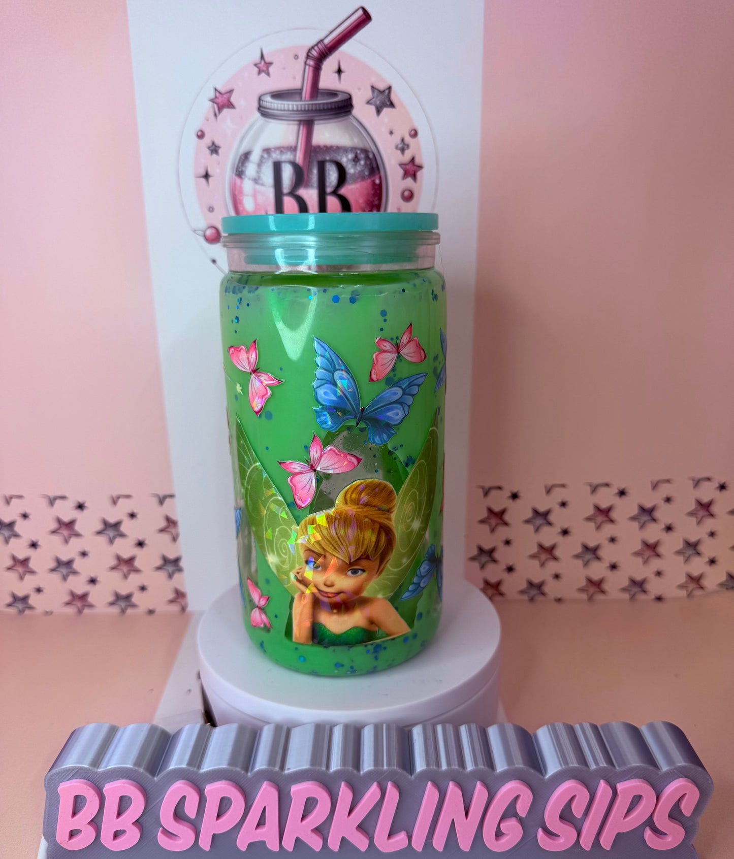 Tinkerbell holographic 16oz acrylic drip snowglobe cup