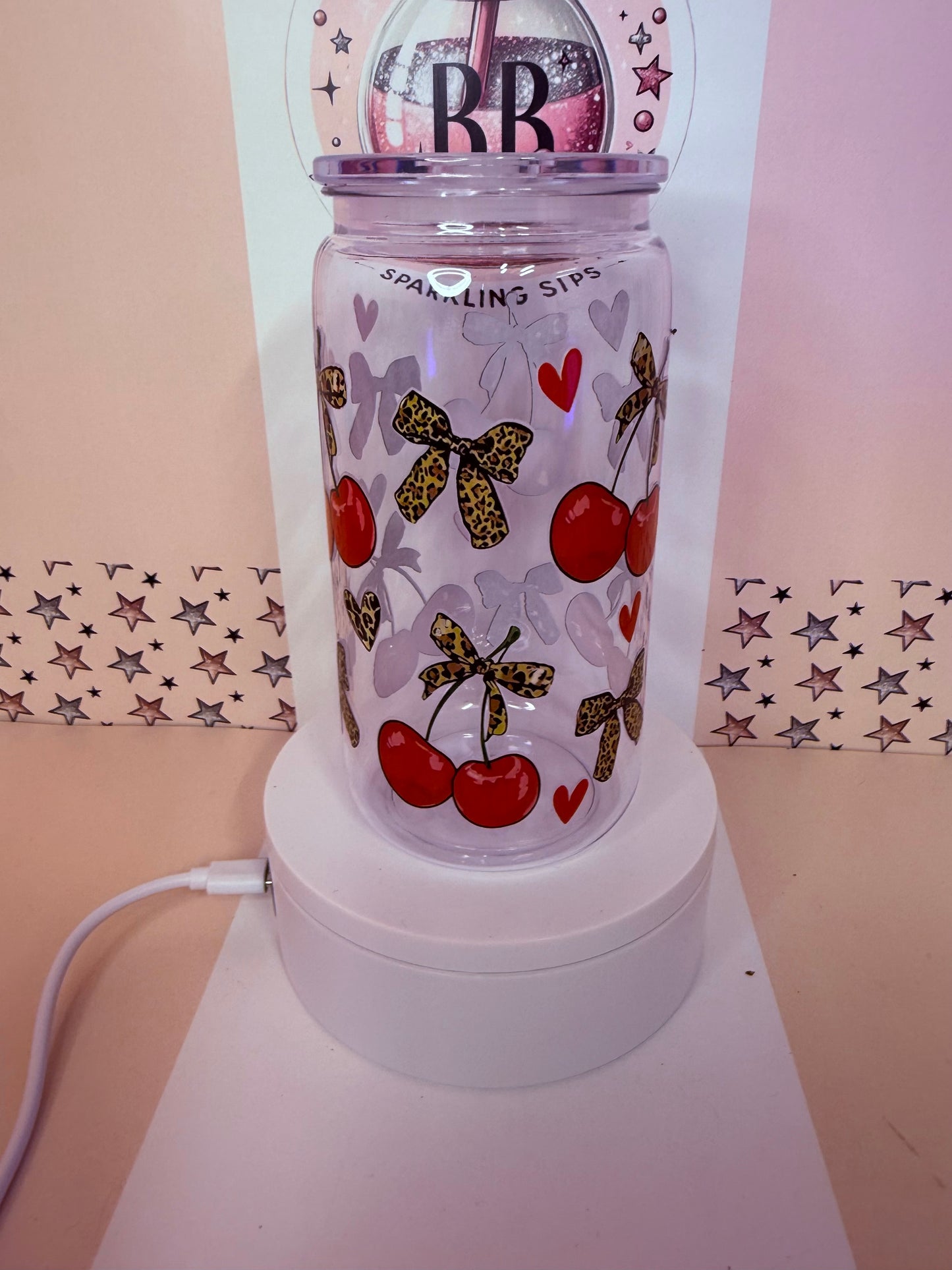 Clear 16oz acrylic leopard print cherries can