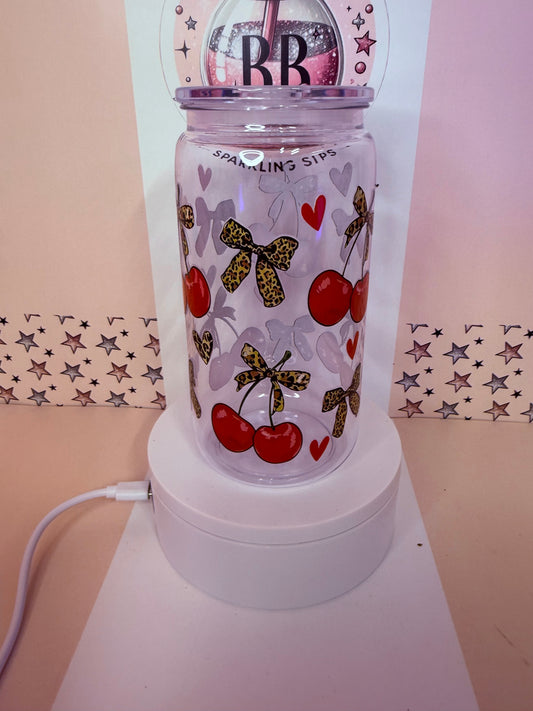 Clear 16oz acrylic leopard print cherries can