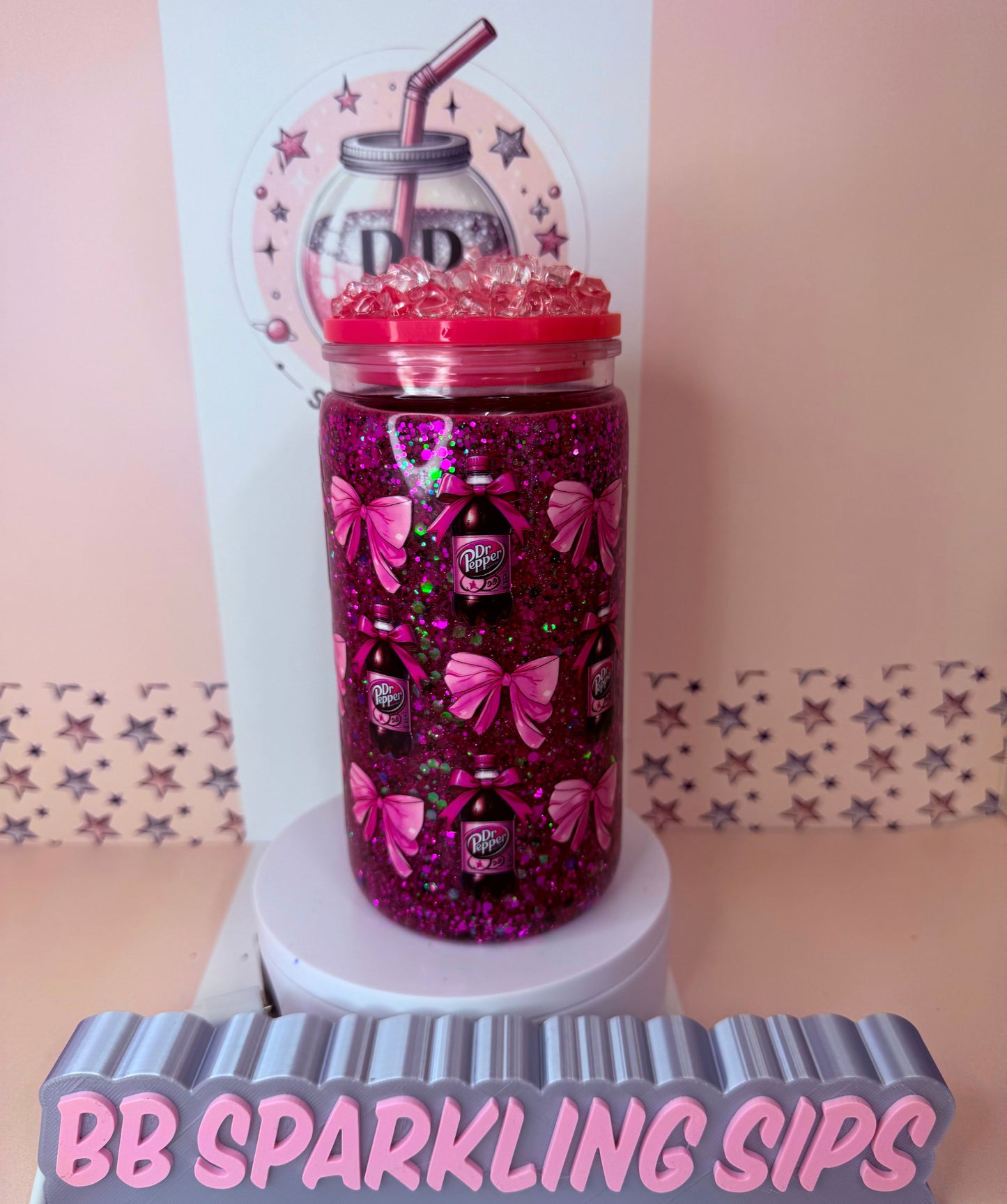 Dr Pepper & Bows 16oz acrylic glitter snowglobe cup