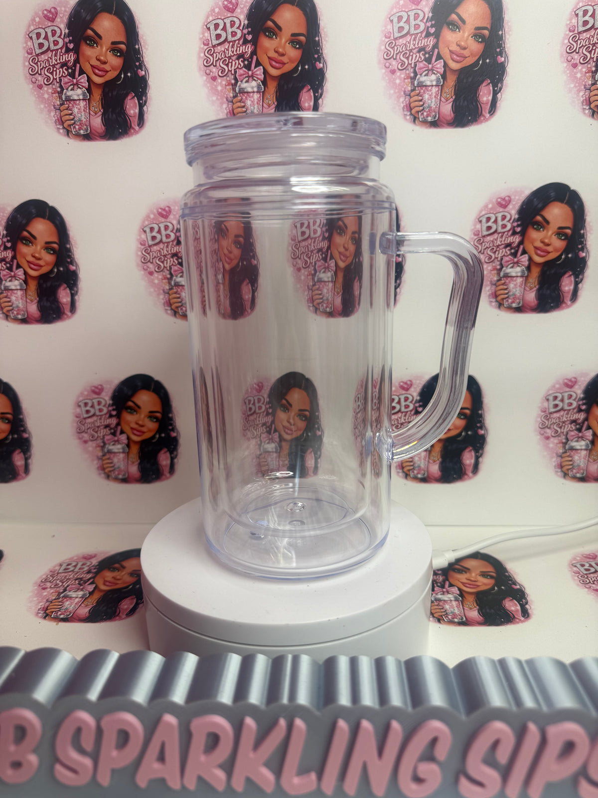 16oz acrylic handled snowglobe cup with glitter and plastic lid and straw