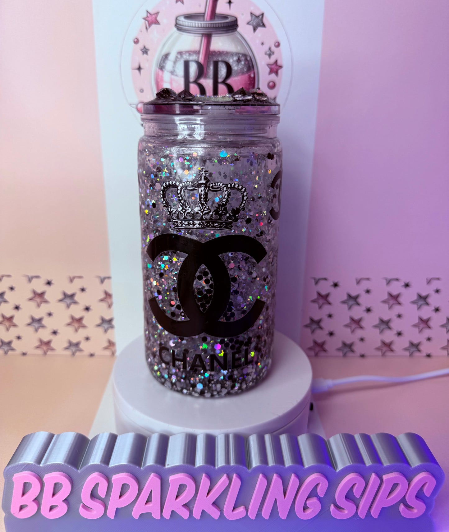 Chanel inspired 16oz acrylic glitter & crystal snowglobe cup