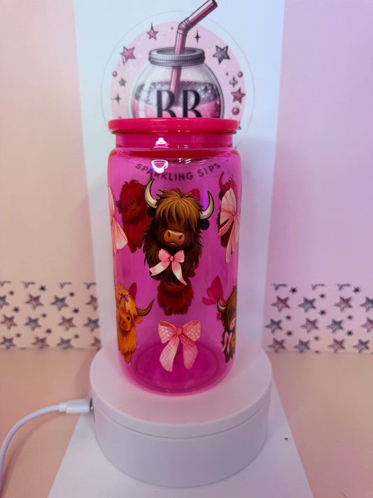 Bright pink 16oz acrylic Highland Cow & Bows coloured cup