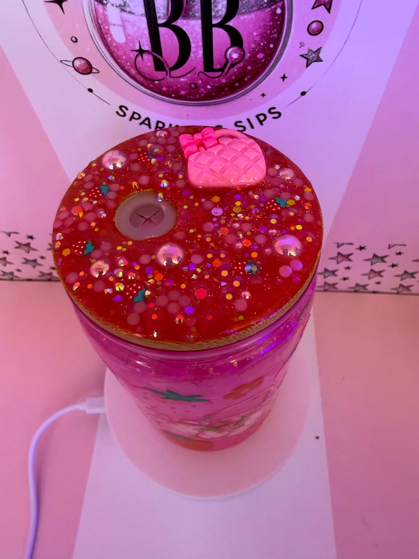 Handbags & Strawberries 16oz Acrylic Pink drip cup