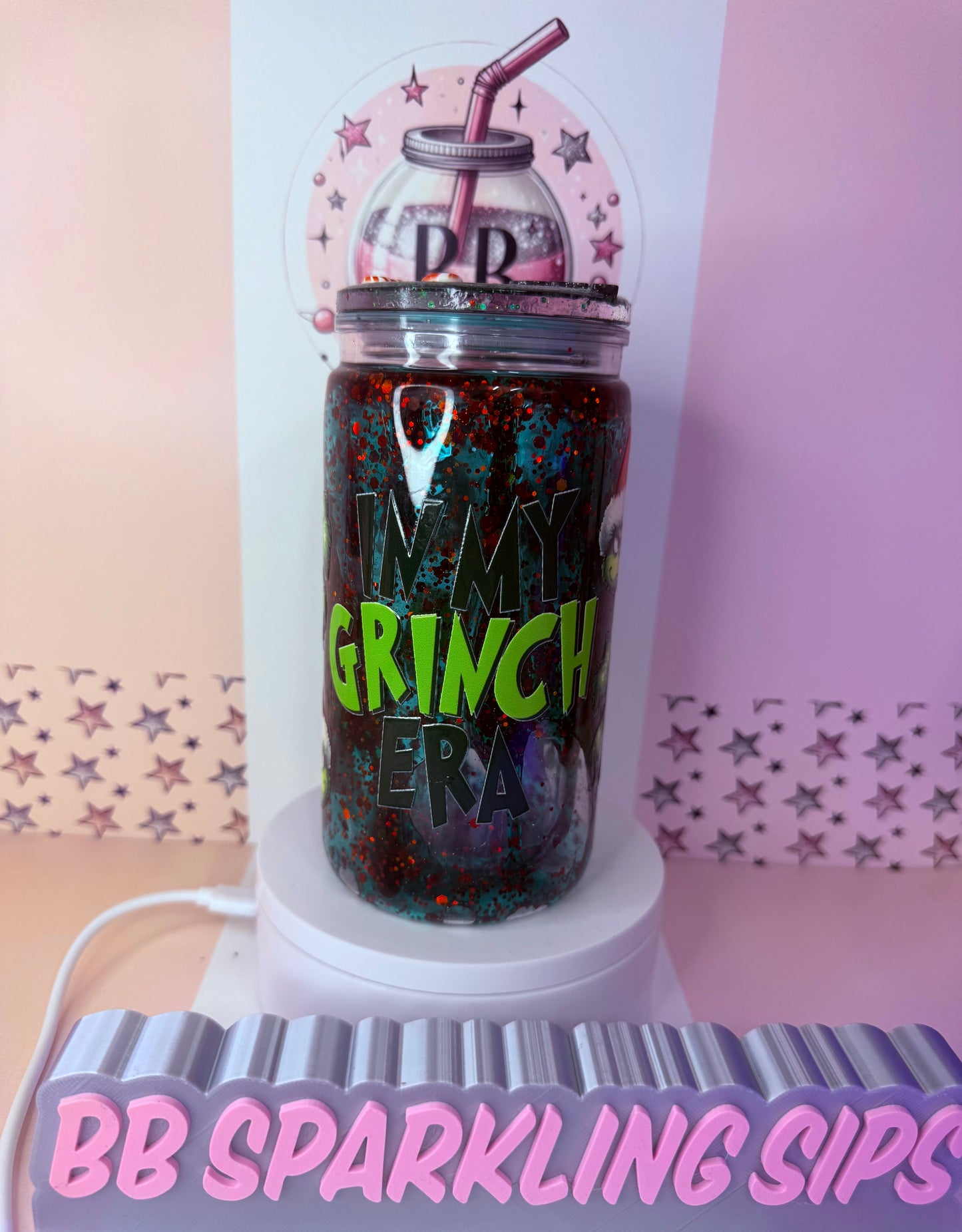 In My Grinch Era 16oz acrylic drip snowglobe cup