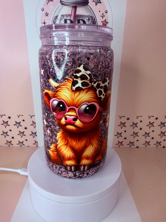 16oz acrylic glitter snowglobe cup. Highland cow