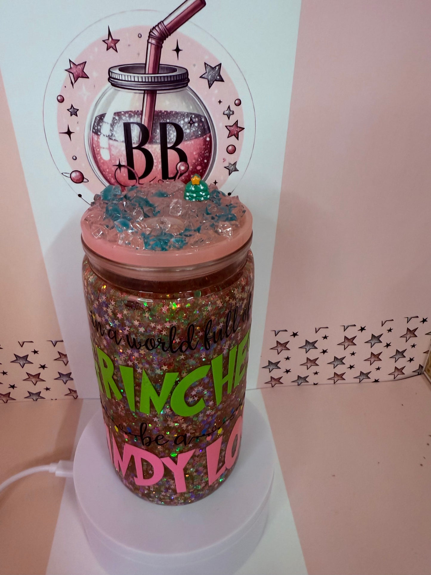 In a world full of grinches…be a Cindy Lou 16oz glitter snowglobe cup