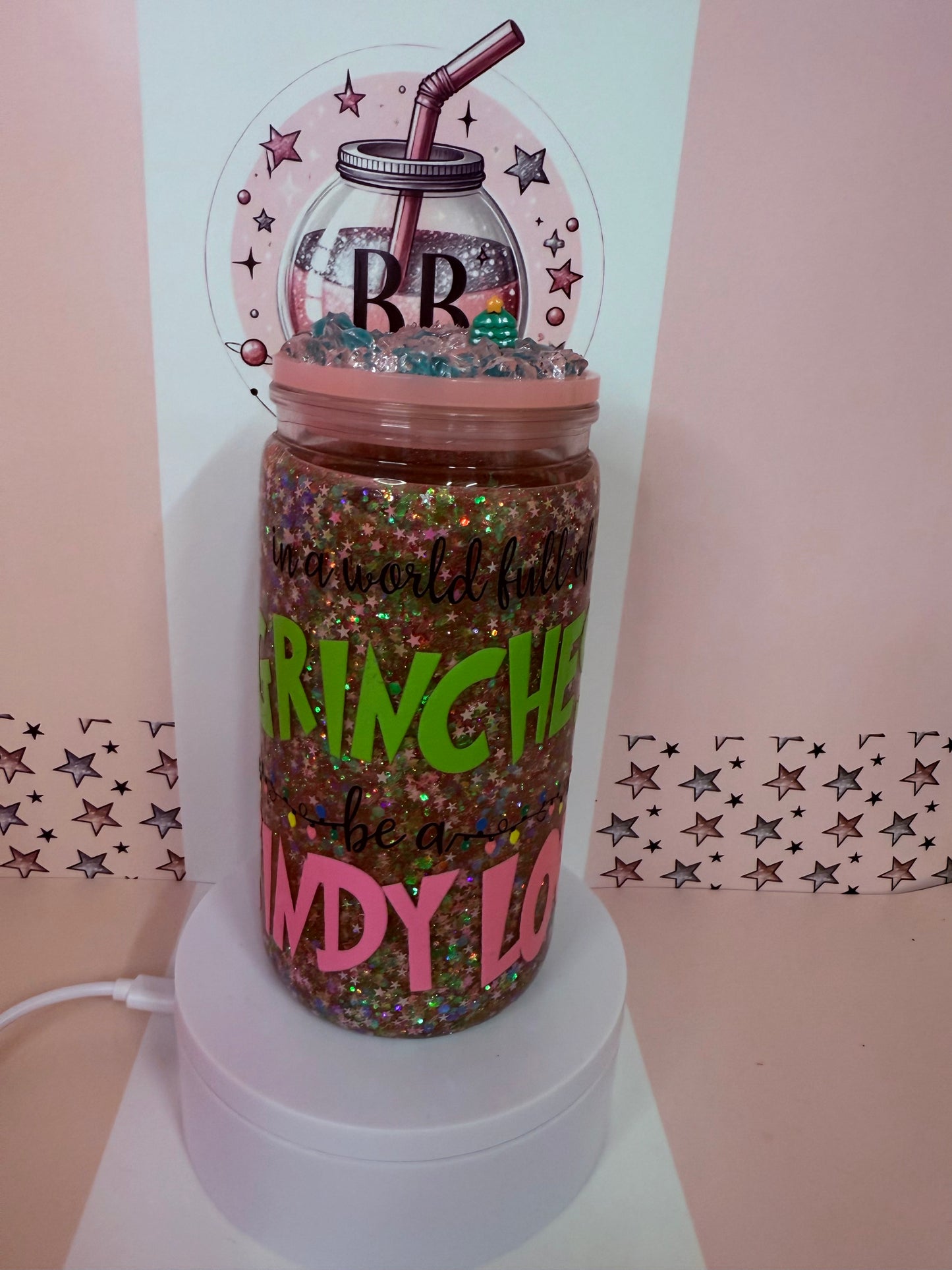 In a world full of grinches…be a Cindy Lou 16oz glitter snowglobe cup