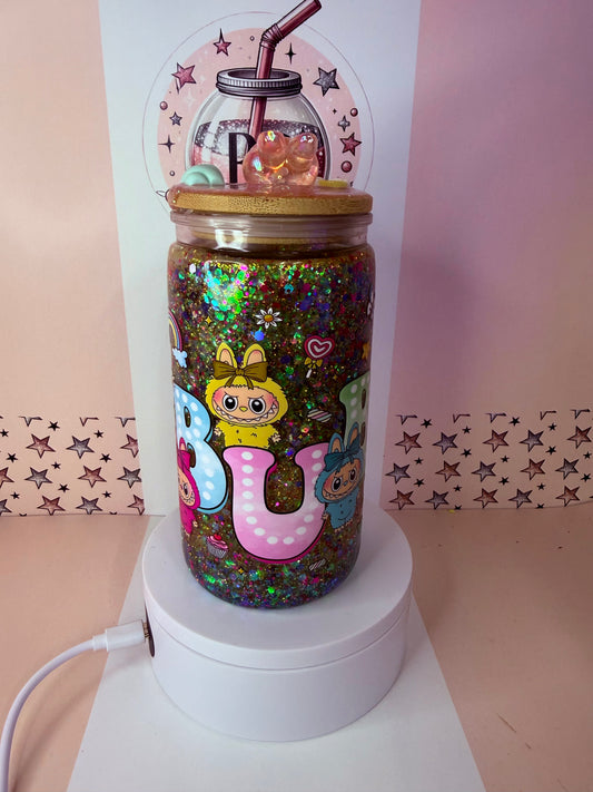 Labubu 16oz acrylic drip lip glitter snowglobe cup