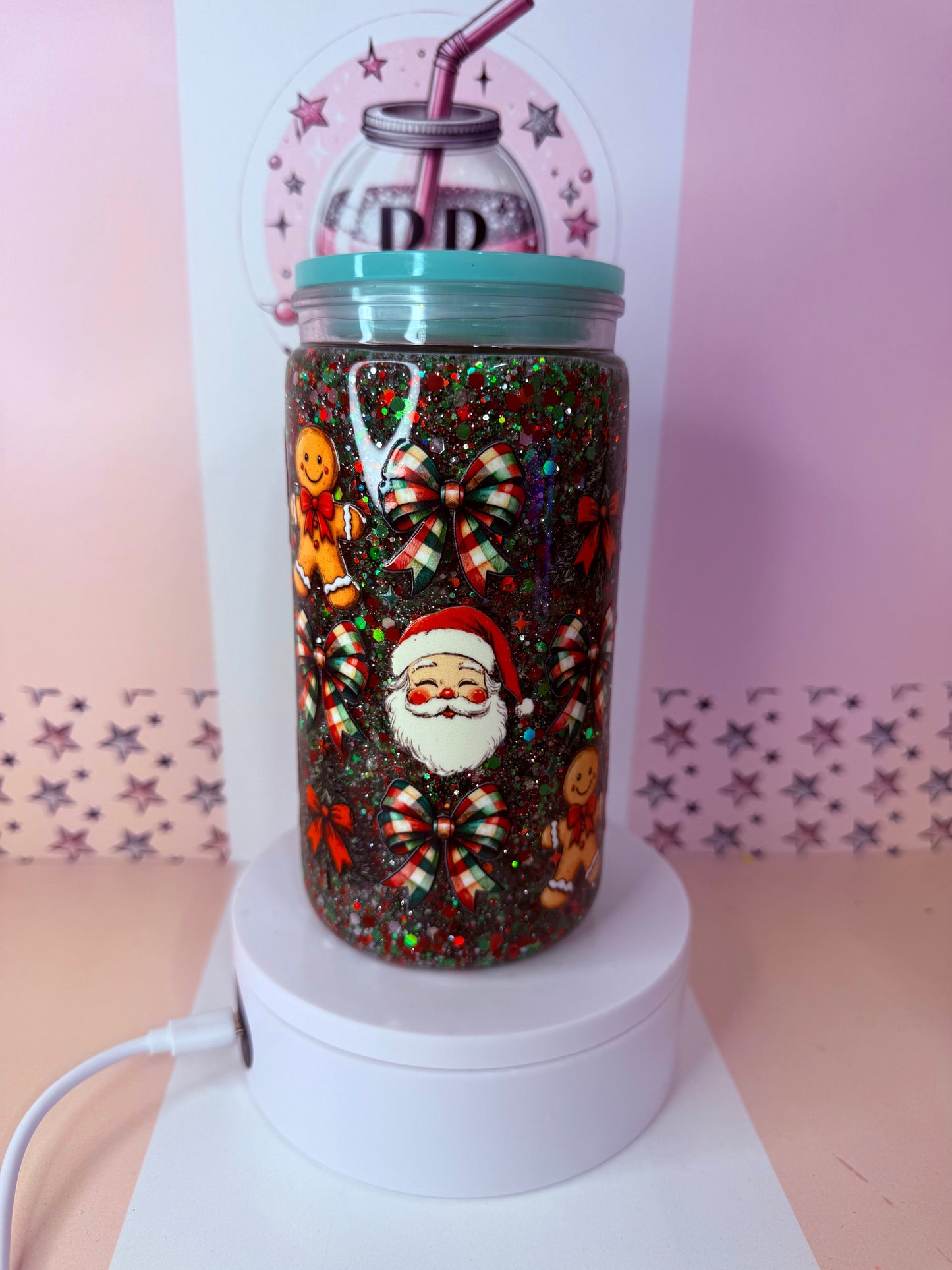 Christmas 16oz acrylic traditional coloured glitter snowglobe cup