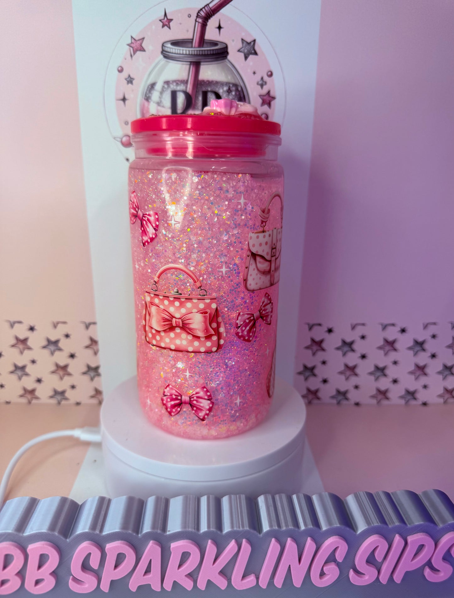 Bags & Bows 16oz acrylic glitter snowglobe cup