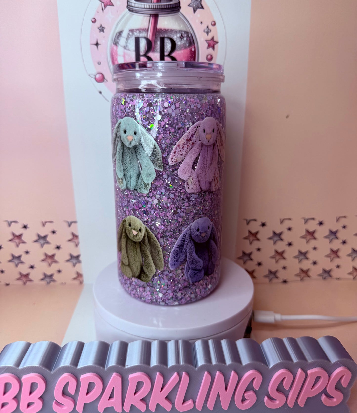 Jellycat Bashful Bunny 16oz acrylic glitter snowglobe cup