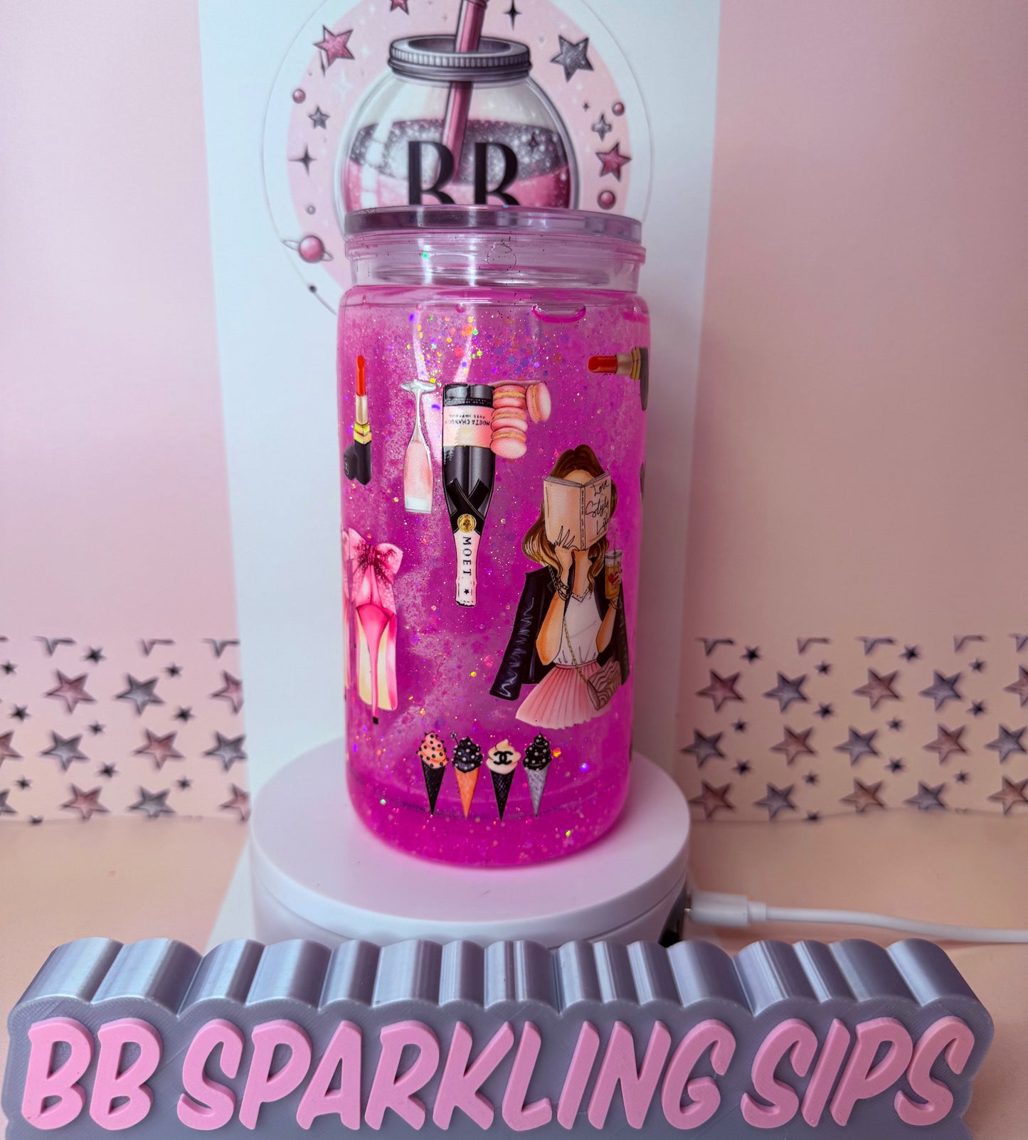 Pretty In Pink, inspired by waterfall 16oz acrylic snowglobe cup