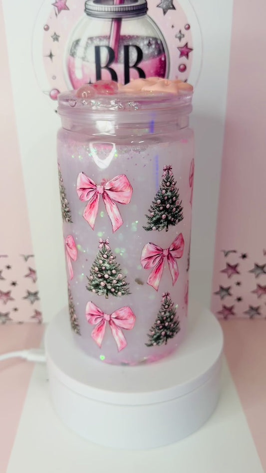 Stunning Christmas Tree & Bows glitter & clay piece 16oz acrylic snowglobe cup
