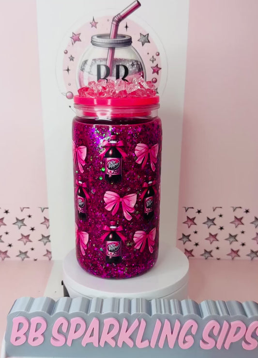 Dr Pepper & Bows 16oz acrylic glitter snowglobe cup