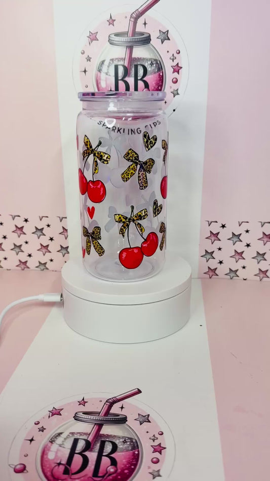 Clear 16oz acrylic leopard print cherries can