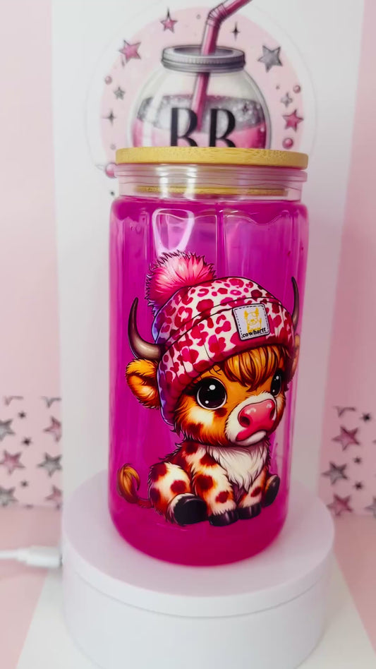 16oz bamboo lid acrylic Highland Cow Pink drip cup